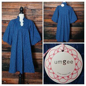 NWT UMGEE Shift Dress S Blue Blair Jacquard Leaf Print Puff Balloon Sleeve